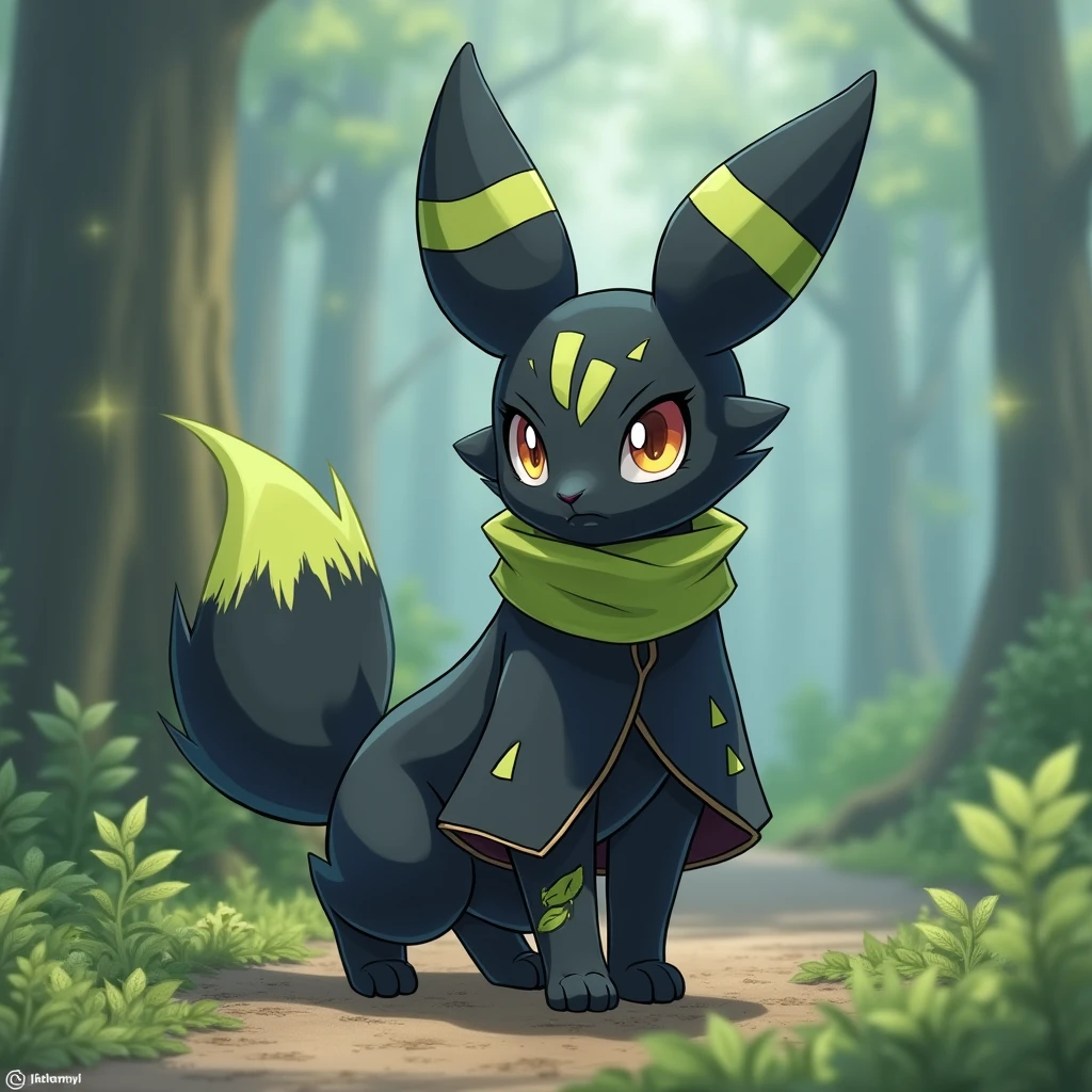 High resolution, detail, cheered up. A colorful Umbreon from Pokémon (quadruped) with a slightly serious look and scars all over his body except his face, and a huge scar on the right side of his neck. Dark-colored tunic covering almost the entire body, lime green scarf covering almost her entire neck, but leaving the scar on his neck somewhat exposed