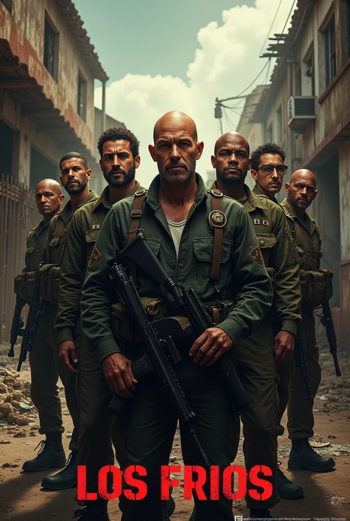 An advertising image of a commando group, composed of seven men who must be different from each other, and with the following characteristics:
a bald man, 50 year old bearded man, athletic body, who is the boss and therefore goes in the center.
A very tall man, athletic and with a pessimistic face. a thin man, dressed as a drug dealer.
a dwarf of about 40 years old, Very bad. a very wrinkled man, something fat and with a cell phone.
A very thin white man with a communications radio.
A fat black man with a frying pan and a lot of glasses in one hand.
A very thin and tall man with a hungry face.
a fat man with glasses.
They are all armed.
And at the top it says LOS FRIOS, and below it says: Dark Intelligence Front...
The background is a poor Latin American city