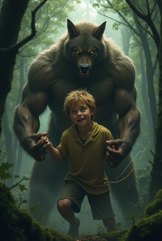 An extremely handsome alpha man of tall stature, tanned skin, defined body, green eyes, short wavy black hair, with his son with strawberry blonde hair, short shorts, cute chubby body, looking at his father in the forest at night, they have very little body hair, they are turning into a wolf.
