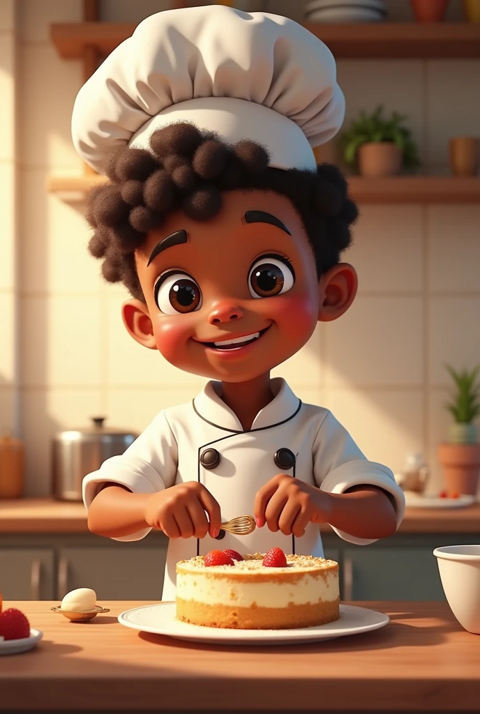 Little black boy chef, chef's hat. making cake.