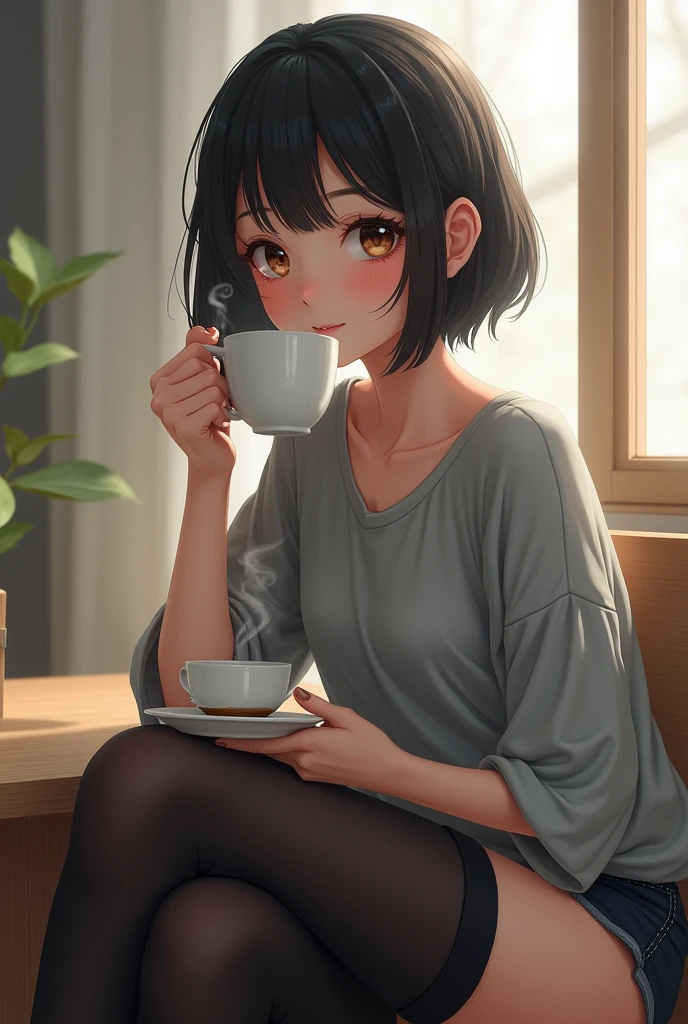 For coffee ,Grey shirt, women, short hair, shorts with tights, light skin color