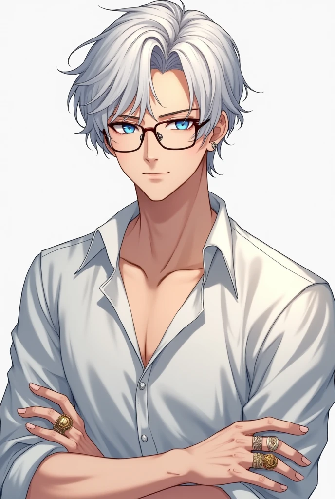 (anime style) a young man, soft but rather elegant facial and body features, thin but with fairly prominent muscles, tattoo on right arm, blue eyes, waist-length white hair, wear glasses. wearing a white shirt and sleeves rolled up to the elbow, black trousers, several rings on fingers and earrings in ears