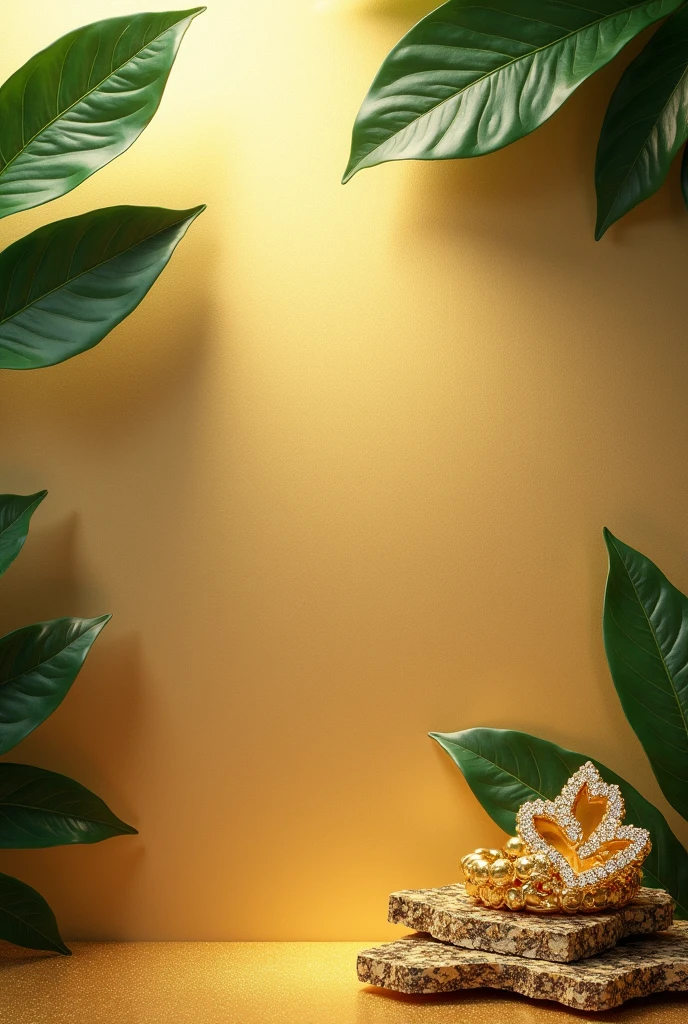 "A luxurious and realistic background featuring a subtle golden texture with a rich, elegant finish. In the upper left corner, include large, glossy green leaves that add a touch of natural beauty. In the bottom right corner in small in size and make space , place similar green leaves intertwined with sparkling, natural crystals, creating a sophisticated contrast against the golden backdrop. The lighting should be soft and warm, highlighting the luxurious texture and enhancing the realism, making it the perfect setting for showcasing exquisite jewelry items."