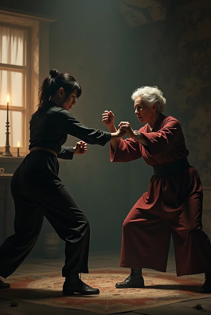 Muriel and Grandma Jojo in a fighting pose in a low light environment