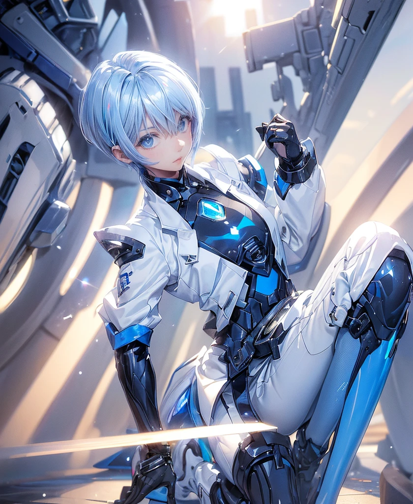 ((Holographic glow effect)),((4K Works))、masterpiece、(Highest quality)、One beautiful girl、The body is slim、expensive、((Navy blue shirt and white pants、Charming street style))、Please wear a cropped jacket、(Beautiful eyes in every detail)、((Kneel))、((short-haired gray hair))、((Makes your face smaller))、((Neutral face))、((Bright Blue Eyes))、((Adult female, 2))、((Cool woman))、((Like a celebrity))、((elongated and sharp eyes))、((boyish))、Professional photos、((Model Photo))、((Look up at the sky))、((Shooting from behind))、((She is looking upwards))、((Her eyes are looking up))、((Increase the angle of the face))、((She is walking in front of the viewer))、(Neckline), Elbow-length gloves、Knee-high boots、Polished floor