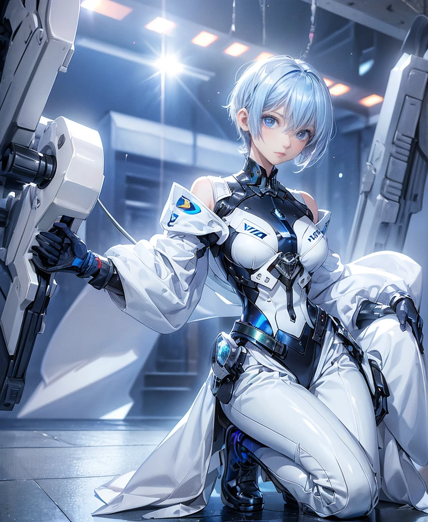 ((Holographic glow effect)),((4K Works))、masterpiece、(Highest quality)、One beautiful girl、The body is slim、expensive、((Navy blue shirt and white pants、Charming street style))、Please wear a cropped jacket、(Beautiful eyes in every detail)、((Kneel))、((short-haired gray hair))、((Makes your face smaller))、((Neutral face))、((Bright Blue Eyes))、((Adult female, 2))、((Cool woman))、((Like a celebrity))、((elongated and sharp eyes))、((boyish))、Professional photos、((Model Photo))、((Look up at the sky))、((Shooting from behind))、((She is looking upwards))、((Her eyes are looking up))、((Increase the angle of the face))、((She is walking in front of the viewer))、(Neckline), Elbow-length gloves、Knee-high boots、Polished floor