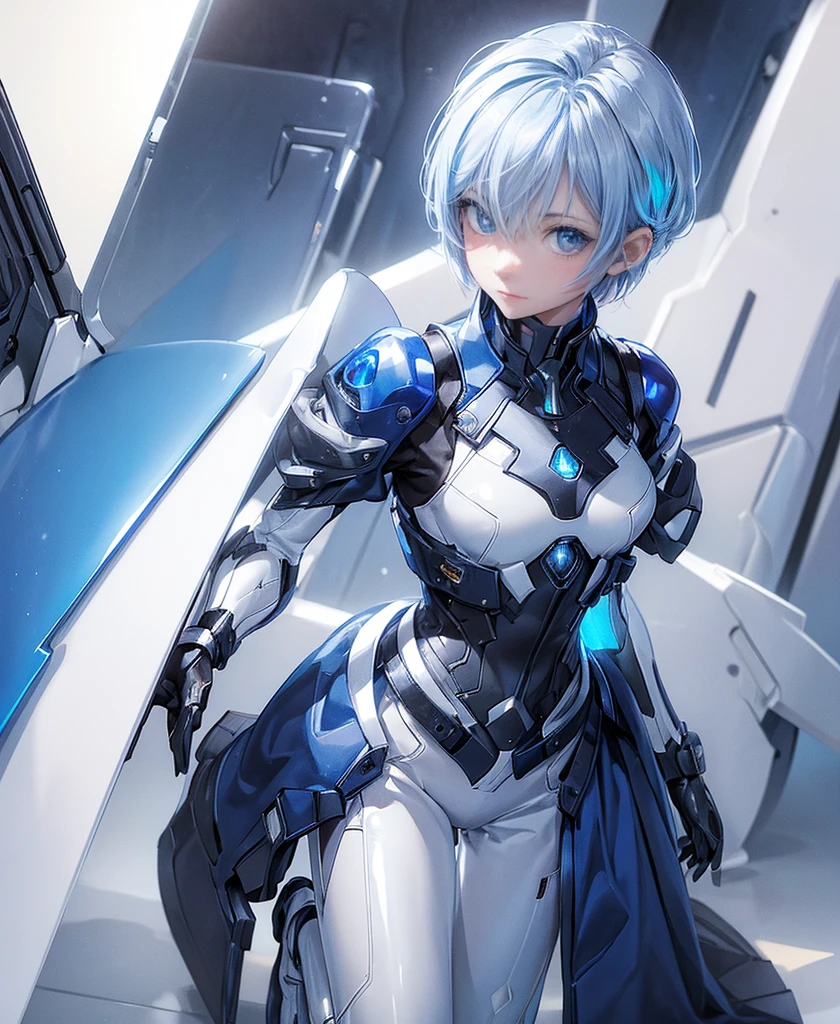 ((Holographic glow effect)),((4K Works))、masterpiece、(Highest quality)、One beautiful girl、The body is slim、expensive、((Navy blue shirt and white pants、Charming street style))、Please wear a cropped jacket、(Beautiful eyes in every detail)、((Kneel))、((short-haired gray hair))、((Makes your face smaller))、((Neutral face))、((Bright Blue Eyes))、((Adult female, 2))、((Cool woman))、((Like a celebrity))、((elongated and sharp eyes))、((boyish))、Professional photos、((Model Photo))、((Look up at the sky))、((Shooting from behind))、((She is looking upwards))、((Her eyes are looking up))、((Increase the angle of the face))、((She is walking in front of the viewer))、(Neckline), Elbow-length gloves、Knee-high boots、Polished floor
