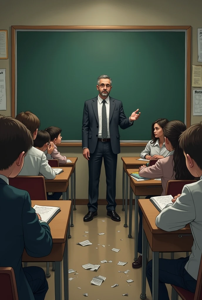 A bad teacher explaining the subject with all the students writing and bored