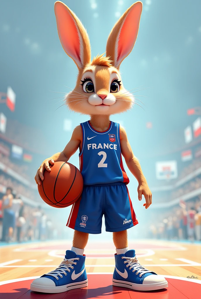 Une lapine habillé en joueuse de basket-ball de la france