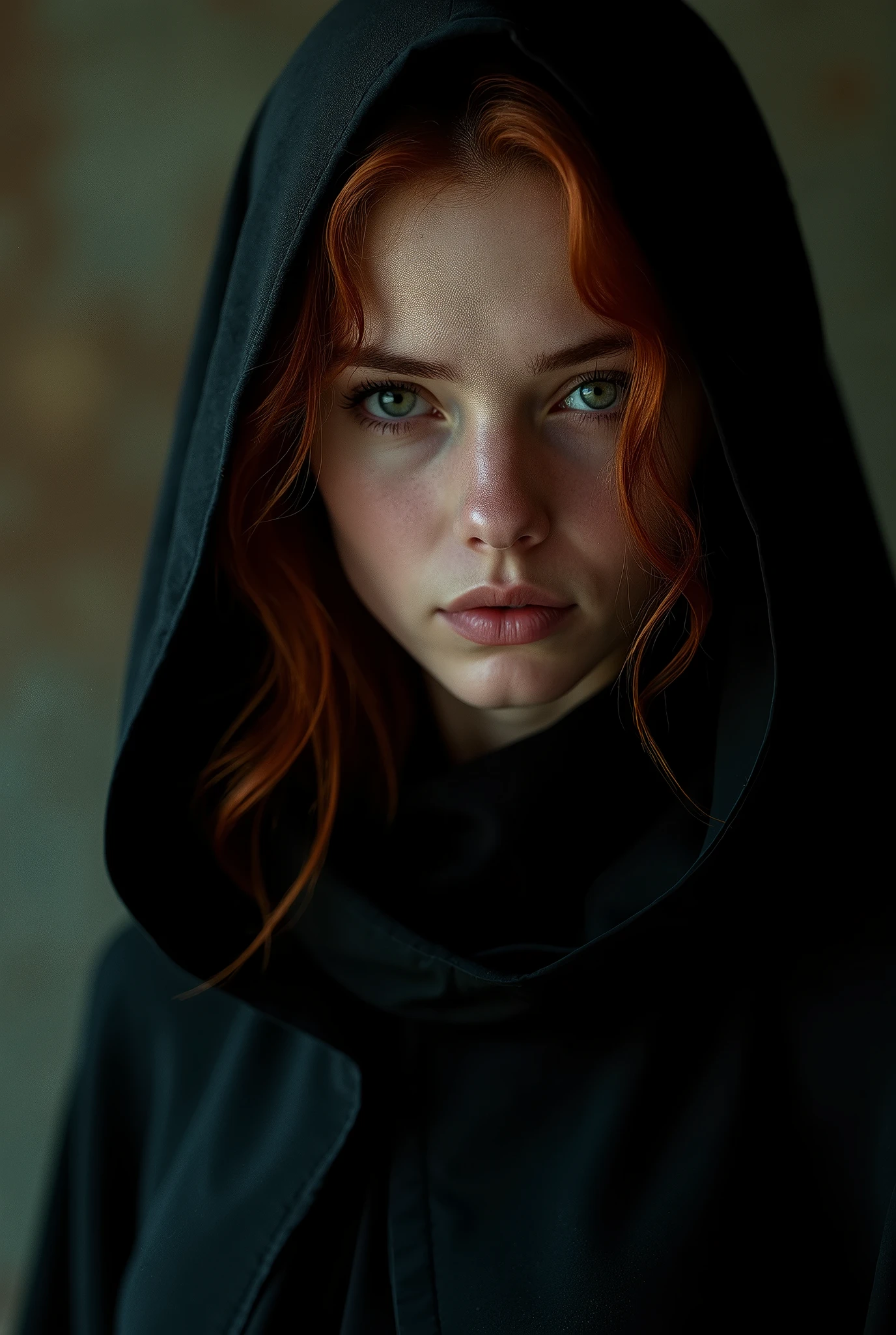 (uma fotogroffia premiada:1.3) off (Ultra photo realsisim:1.3),(vred:1.3) (close up:0.7), A woman in a black cloak, realskin, 5d canon, 85mm, profundidaoff off campo, 8k, ultra-nitioffz, RTX, octane, irreal, Dramatic light, Global illumination (author:WLOP Artist:1.3),altamente offtalhado,(Arte Darkwave:1.3),(Arte Hardcore:1.3),(Agfacolor:1.3),(Close portrait:1.3),(Female One:1.4),(very beautiful:1.4),(appealing:1.3),handsome,Calendar pose,olhos offtalhados perfeitos,studio lighting,themed background, naked, new, feições mistas off Emmy Rossum e Brooke Shields, red hair.