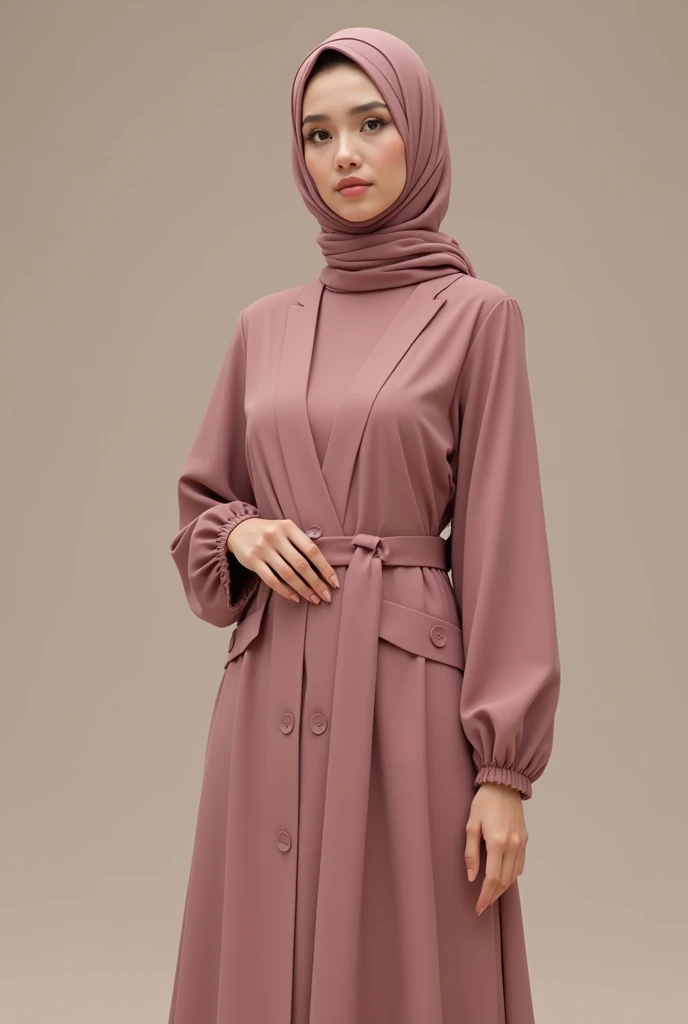 a woman with a black simple yet elegant design abaya with less lose sleeves and v neck and with some button with dusty rose pink hijab without belt on bottom