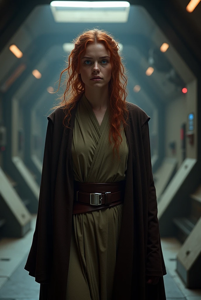 woman with red, curly hair, blue eyes, looks tired, dim lighting, wearing jedi robes, in star wars ship, dark brown outer robe, feels cold