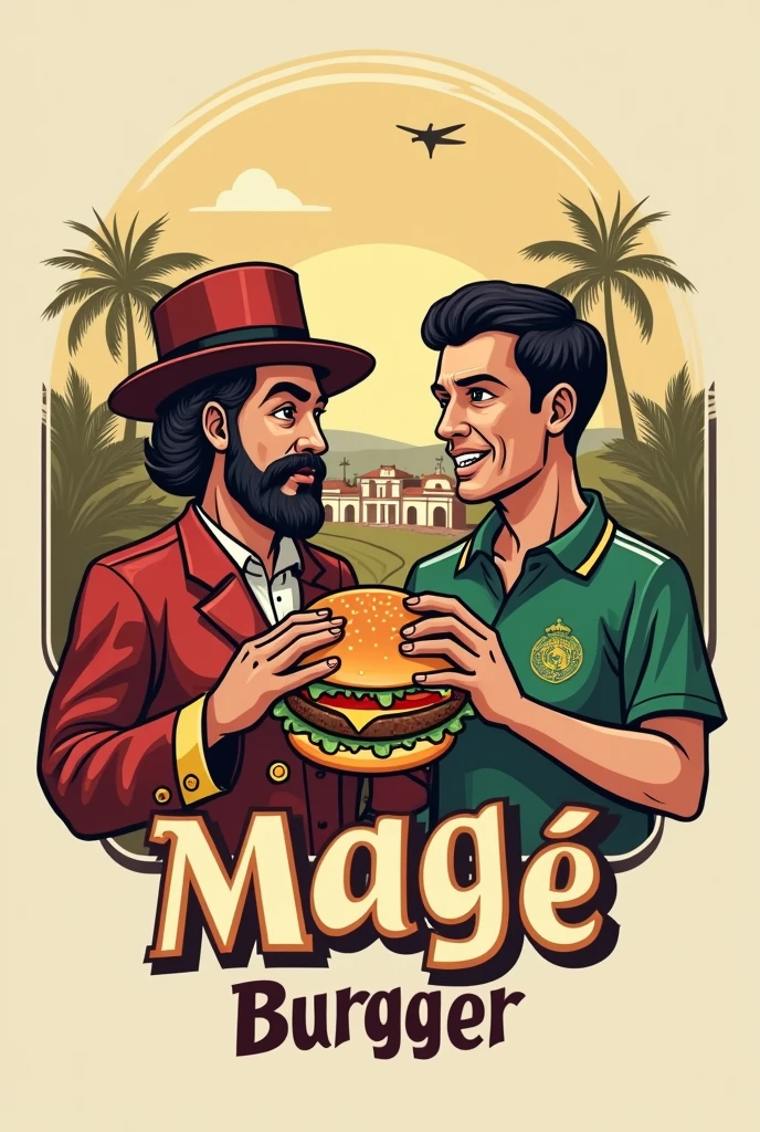 Create a Logo for a Burger Restaurant called Magé Burguer that contains the historical elements of the city, For example:The oldest city in Rio de Janeiro is where the Portuguese first set foot.. There you will find the first railway line in Brazil. Baron of Mauá lived in this city. Father José de Anchieta passed through the city. Mané Garrincha was born there. I want the logo to express the characters well and make reference to the hamburger., For example barão de Mauá e mane garrincha comendo hambúrguer