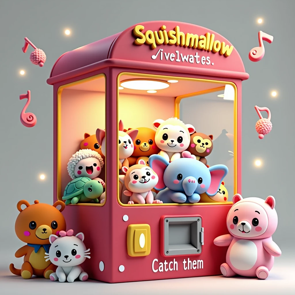 ((white background)), The image shows a cartoon style claw machine. The machine is predominantly red, with a transparent front, and at the top it says “Squishmallow” in yellow letters. Inside the claw machine, There are several cute plush toys that resemble animals, there is a turtle, A cow, a sheep, owlship, elefant, catboy, rapoza, like bears and ice cream. The toys have big eyes and smiling faces, which gives them a friendly appearance. Around the machine, There are floating musical notes and twinkling lights that add to its playful charm. The words “CATCH THEM” are visible on the bottom of the machine in white letters on a pink background.. This image is interesting because it depicts a fun scene that may appeal to children or people who appreciate cute aesthetics.. 🍓🧸✨((white background)), ((white background)),