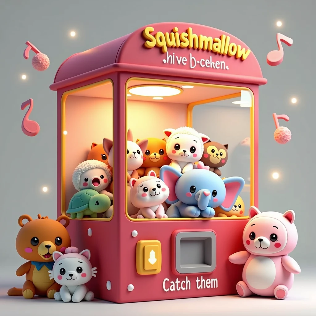 ((white background)), The image shows a cartoon style claw machine. The machine is predominantly red, with a transparent front, and at the top it says “Squishmallow” in yellow letters. Inside the claw machine, There are several cute plush toys that resemble animals, there is a turtle, A cow, a sheep, owlship, elefant, catboy, rapoza, like bears and ice cream. The toys have big eyes and smiling faces, which gives them a friendly appearance. Around the machine, There are floating musical notes and twinkling lights that add to its playful charm. The words “CATCH THEM” are visible on the bottom of the machine in white letters on a pink background.. This image is interesting because it depicts a fun scene that may appeal to children or people who appreciate cute aesthetics.. 🍓🧸✨((white background)), ((white background)),