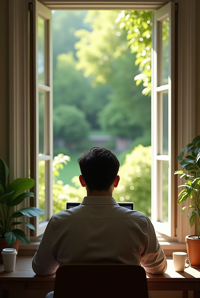 (photorealism:1.2), a man setting on a chair with a white laptop beside a cofee cup and baground a room window glass open outside look very beatyfull gerden he thing her gf  photo