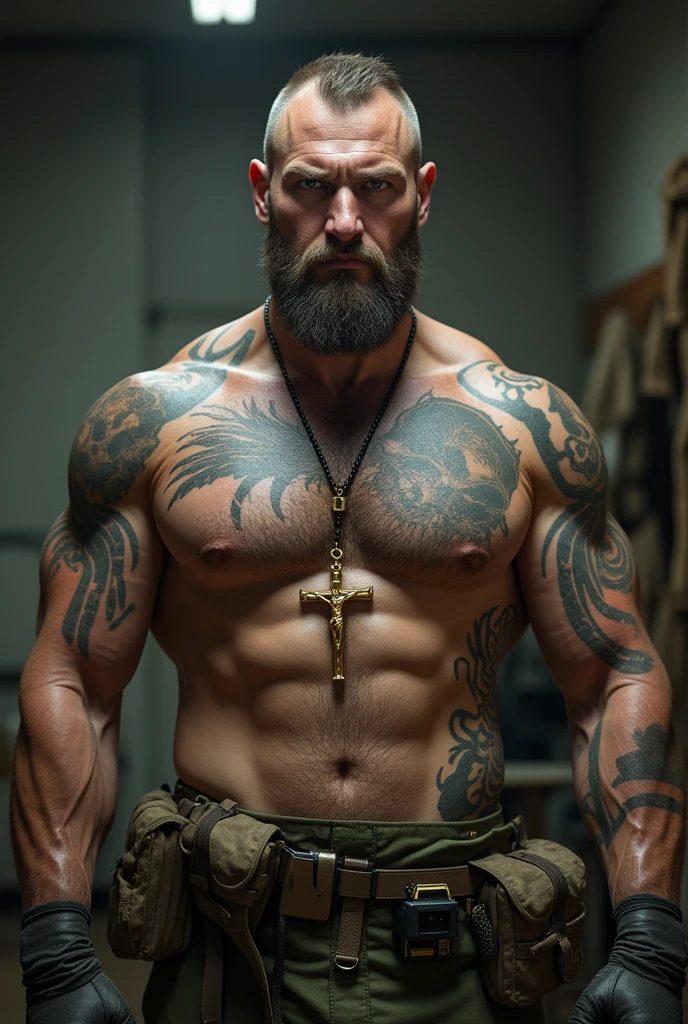 ultra realistic 8k, a 2 white man of Russian descent. ultra resistant army soldier, Does not have a beard. His face has scars(detalhada Realist 8K). Muscular and corpulent physique of 2,30 meters high(Realist 8K). He wears Brazilian army pants and a heavy vest.(detailed 8k) wearing no shirt. he is in a barracks. He has a tattoo of a cross on his torso.(detalhada e ultra Realist 8K). He wears a golden crucifix. skull tattoo on neck( detalhada Realist 8K)