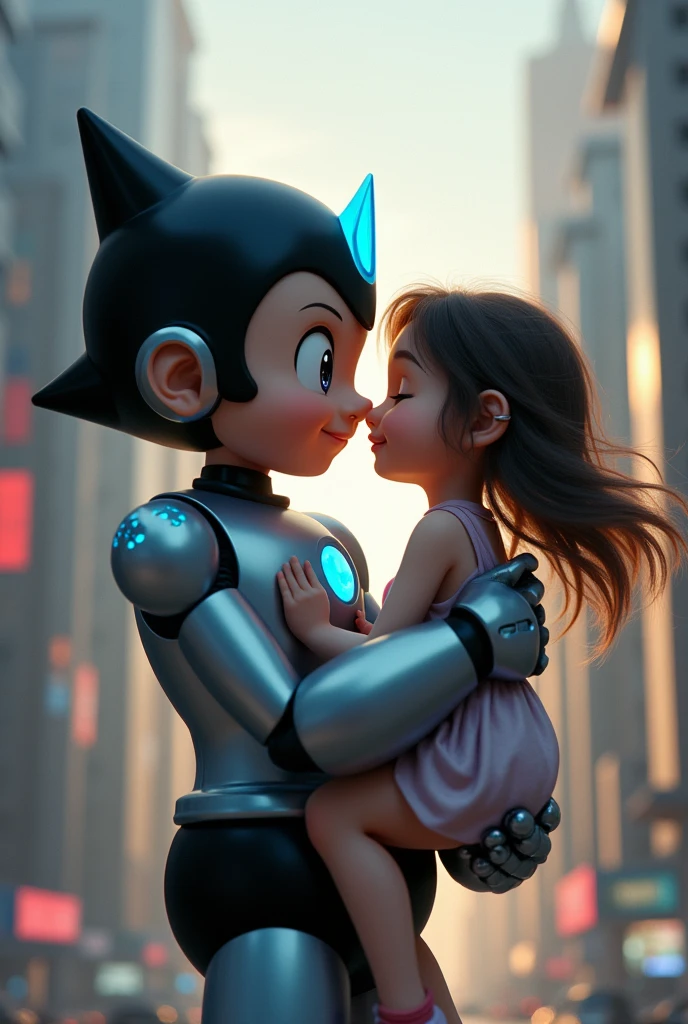 astro boy from the 2009 film carrying a girl in his arms while kissing