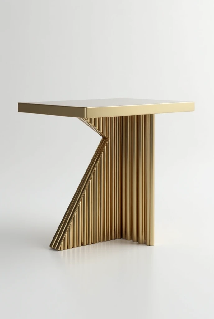 Modern and innovative design table base, featuring a sharp angle and a letter-like shape. "L" With vertical metal tubes arranged in a graduated manner. The metal tubes are made of a shiny gold-like material, adding a touch of luxury and elegance to the design.. The top of the base is flat and stable, making it ideal for supporting glass or wood table tops..
The design combines simplicity and modern architecture, with eye-catching aesthetic details.. This model reflects an elegant artistic touch and can be used as a base for a living room table or a side table in the living room, adding a touch of sophistication and distinction to any interior space.
