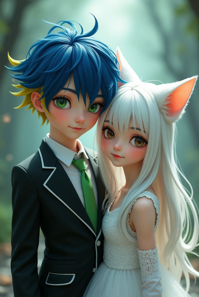 A boy in a smart black suit,with blue hair and a yellow lock of hair,and bright green eyes,a girl in a shiny white dress,with white hair,brown eyes and white cat ears