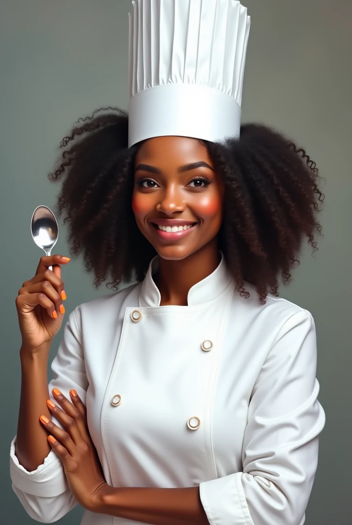  One with dark skin and curly black hair, wearing a chef&#39;s outfit and holding a pastry spoon in her right hand.