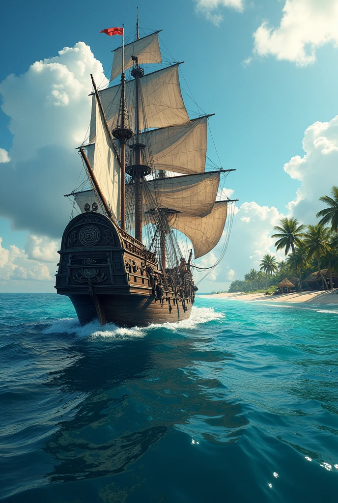 pirate ship in the ocean with a beach and palm trees, highly detailed digital artwork, amazing wallpaper, 8k high quality detailed art, 4k highly detailed digital art, highly detailed background, very high detailed, highly detailed 4 k art, 8k stunning artwork, amazing background, 8 k highly detailed art, highly detailed digital art, 4 k highly detailed art, official artwor
