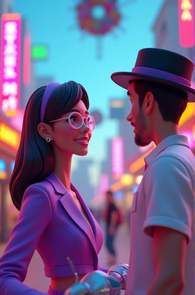 G women wearing a purpel, pop up name R wearing glasses a men a black wearing a hat, bl scooter 3D animation