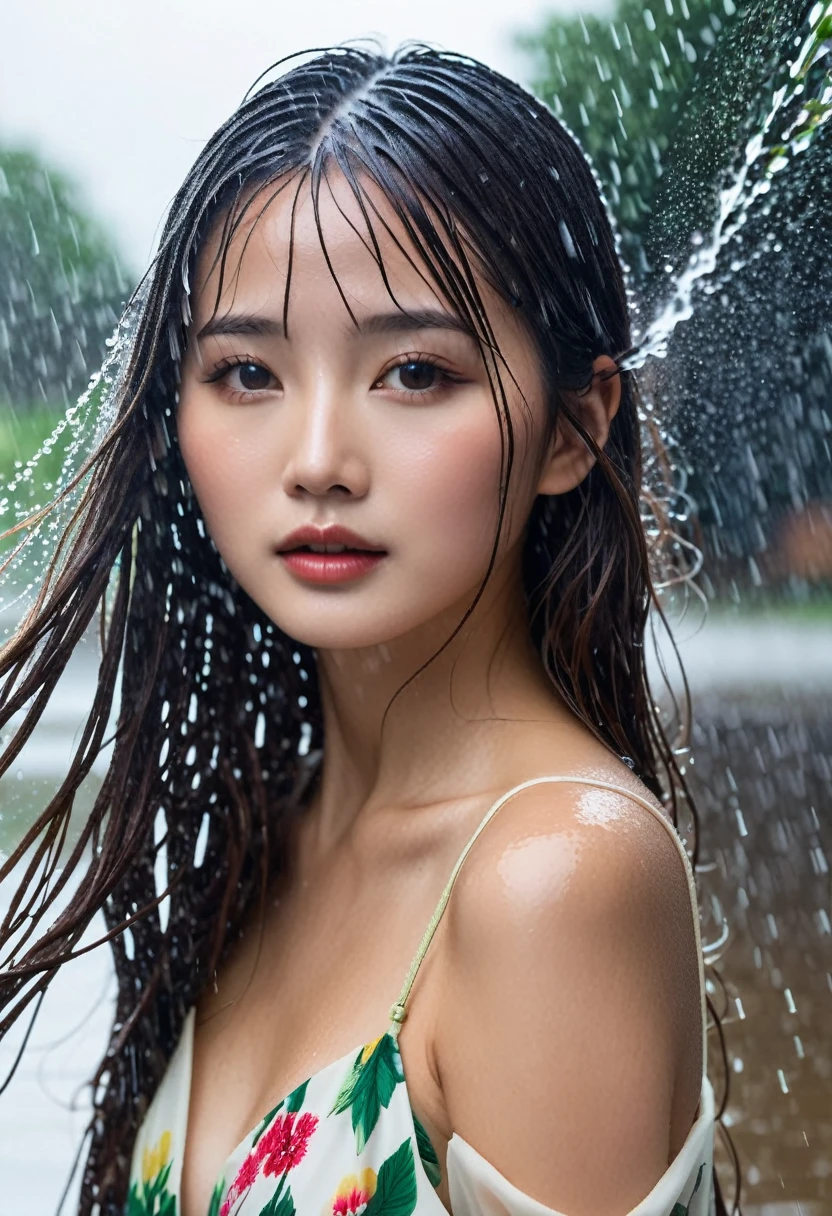 she likes to be very wet a high-resolution image capturing a young model with long, straight, wet hair covering her face under a Strom rain
with a water hose. the obscured face emits a cute, youthful vibe reminiscent of a 1 actress/model year 16 asian. she adorns an elegant, voluminous gala dress with a floral pattern and voluminous sleeves,