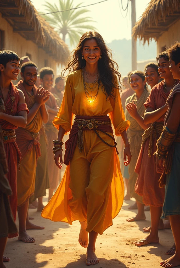  Depict Noor returning triumphantly to her village, carrying the magical treasure. The villagers gather around her in awe and gratitude.