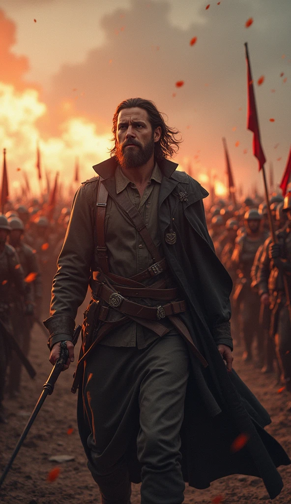 A hyperrealistic, 3D image of a battlefield where the son-in-law is in the front lines, surrounded by chaos. The scene should be filled with vibrant, yet somber colors, with the focus on the son-in-law’s face, showing the realization of his fate.
