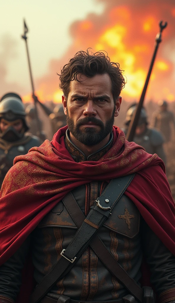 A hyperrealistic, 3D image of a battlefield where the son-in-law is in the front lines, surrounded by chaos. The scene should be filled with vibrant, yet somber colors, with the focus on the son-in-law’s face, showing the realization of his fate.