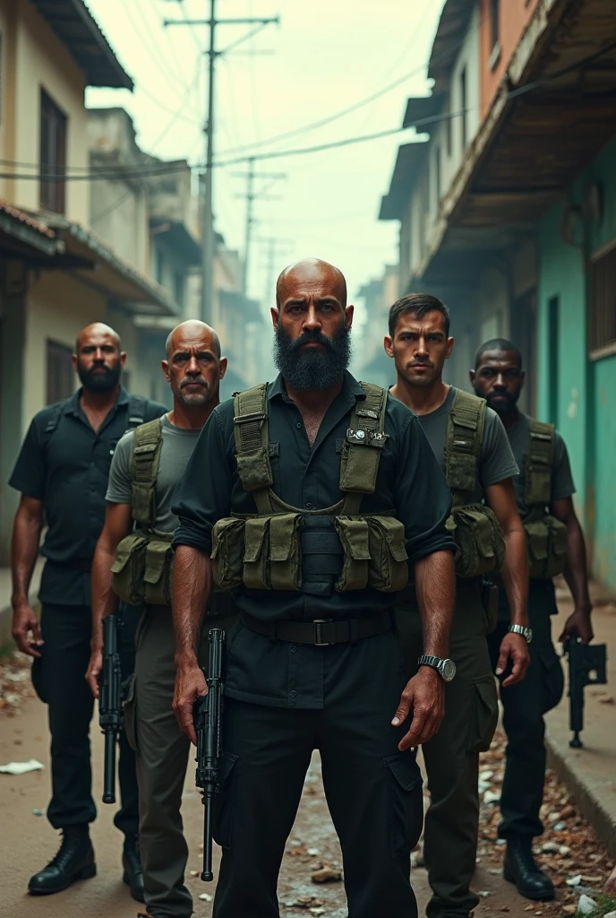 An advertising image of a commando group, composed of seven men who must be different from each other, and with the following characteristics:
a bald man, 50 year old bearded man, athletic body, who is the boss and therefore goes in the center.
A very tall man, athletic and with a pessimistic face. a thin man, dressed as a drug dealer.
a dwarf man of about 40 years old, Very bad. a very wrinkled man, something fat and with a cell phone.
A very thin white man with a communications radio.
A fat black man with a frying pan and lots of glasses in one hand.
A very thin and tall man with a hungry face.
a fat man with glasses.
They are all armed.
And at the top it says LOS FRIOS, and below it says: Dark Intelligence Front...
The background is a poor Latin American city