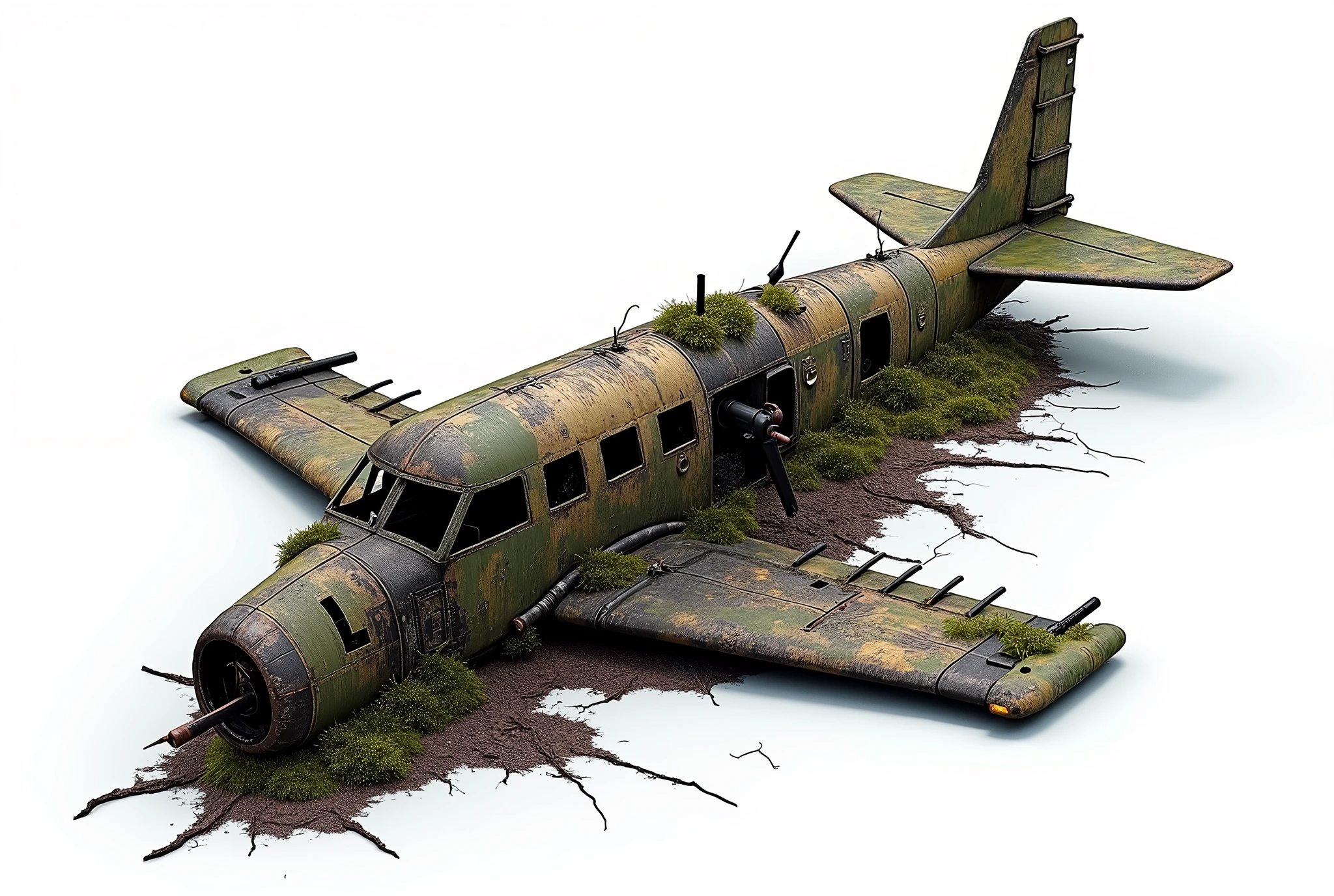 Aerial view of a rusty, wrecked plane, part of the firing shot burned, broken window, machine gun drilling into moss covered hull, total white background, complex and realistic details, image for reference model composition, 3D presentation thumbnail. unreal engineer Iray rendering NVIDIA RTX 3060, global lighting studio,