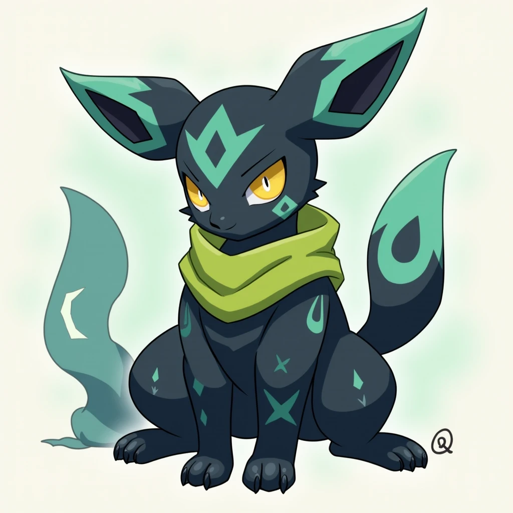 High resolution, detail, cheered up. An Umbreon with blue rings instead of gold ones and golden eyes from Pokémon (quadruped) with a slightly serious look and scars all over his body except his face, and a huge scar on the right side of his neck. Dark-colored tunic covering almost the entire body, lime green scarf covering almost her entire neck, but leaving the scar on his neck somewhat exposed