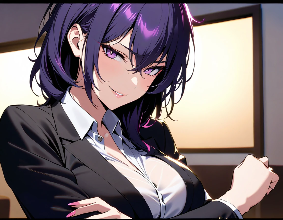 tenryuu_kantaicollection, eyepatch, short_hair, purple_hair, yellow_eyes, headgear, breasts, necktie, large_breasts, smile, solo, Black_coat, Black_Leg