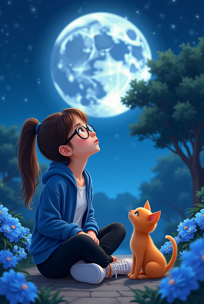 A girl with her blue-eyed orange kitten, sitting on the side, long hair girl, brown, The hair is tied up in a ponytail., the girl's haircut has no paste, Black Prescription Glasses, with black pants, denim blue jacket, white blouse, white tennis shoes with orange detail on the side, skin fair, red lipgloss stick. They are looking at the starry sky in a very clean garden with blue flowers, with a beautiful tree in the reflection of the moon, The sky is full of stars and the moon is very bright 