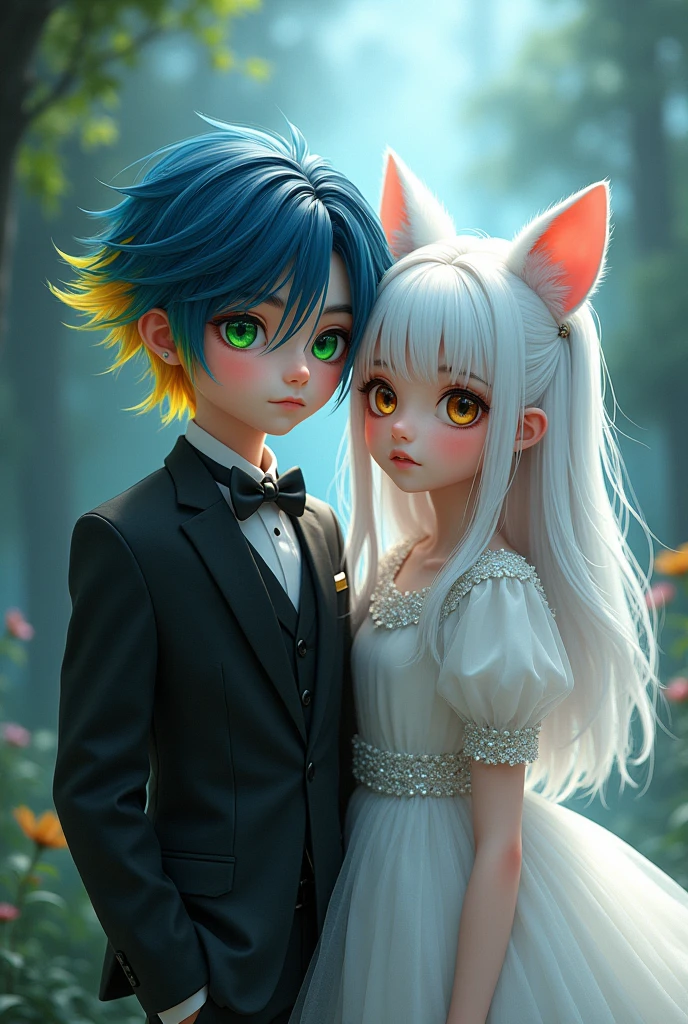 A boy in a smart black suit,with blue hair and a yellow lock of hair,and bright green eyes,a girl in a shiny white dress,with white hair,brown eyes and white cat ears 