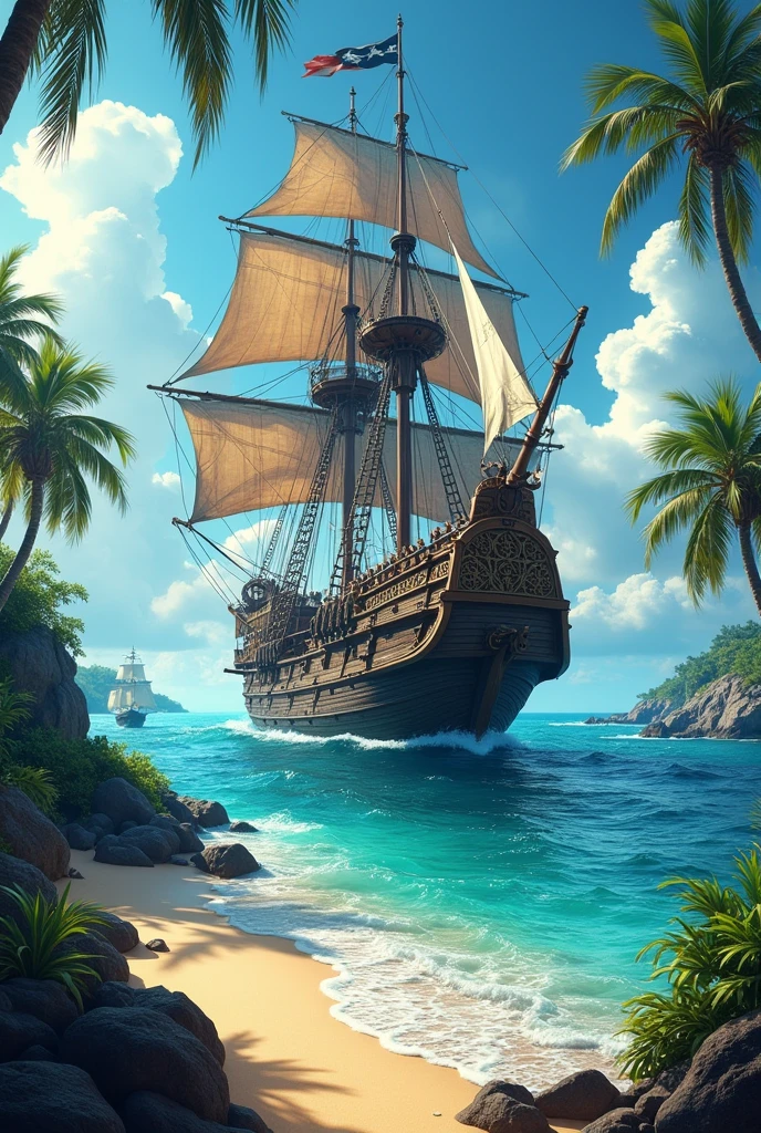 pirate ship in the ocean with a beach and palm trees, highly detailed digital artwork, amazing wallpaper, 8k high quality detailed art, 4k highly detailed digital art, highly detailed background, very high detailed, highly detailed 4 k art, 8k stunning artwork, amazing background, 8 k highly detailed art, highly detailed digital art, 4 k highly detailed art, official artwor