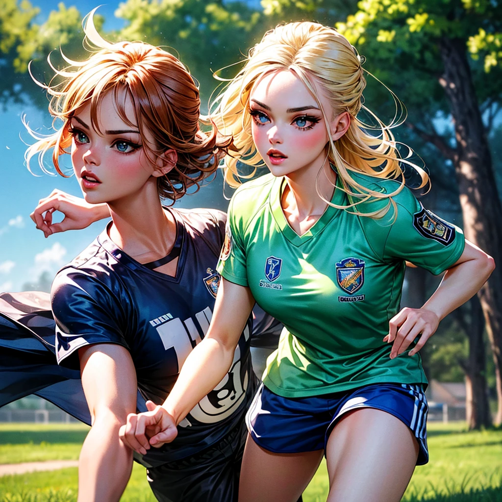 a girl with soccer shirt, beautiful detailed eyes, beautiful detailed lips, extremely detailed face, long eyelashes, beautiful girl, soccer player, playing soccer, outdoor field, lush green grass, blue sky, bright sunlight, realistic, photorealistic, masterpiece, 8k, high quality, vibrant colors, dynamic composition, cinematic lighting