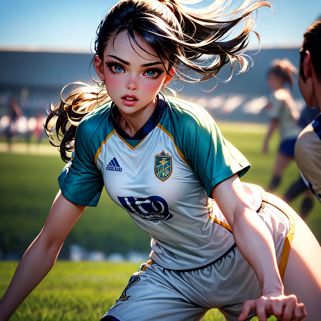 a girl with soccer shirt, beautiful detailed eyes, beautiful detailed lips, extremely detailed face, long eyelashes, beautiful girl, soccer player, playing soccer, outdoor field, lush green grass, blue sky, bright sunlight, realistic, photorealistic, masterpiece, 8k, high quality, vibrant colors, dynamic composition, cinematic lighting