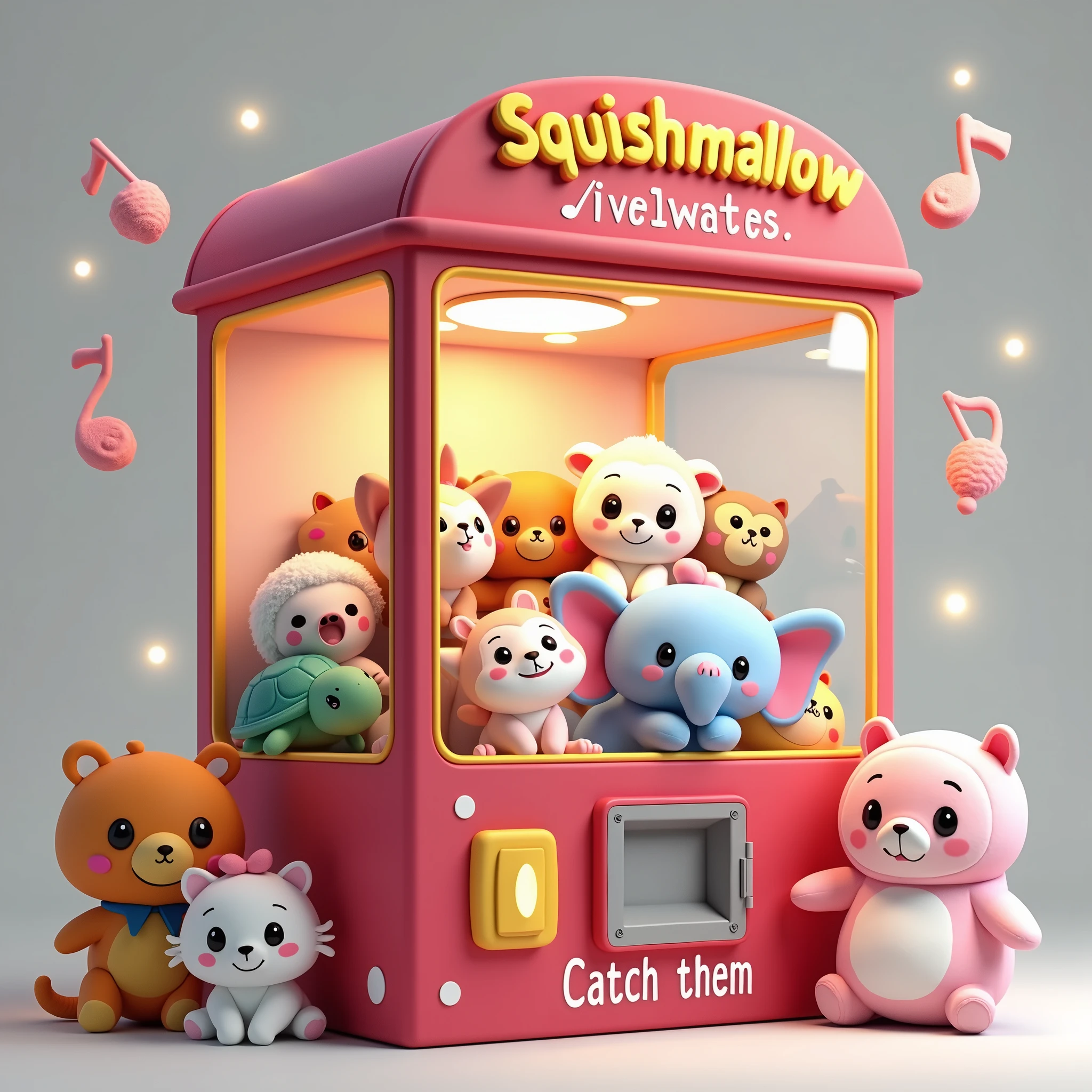 ((white background)), The image shows a cartoon style claw machine. The machine is predominantly red, with a transparent front, and at the top it says “Squishmallow” in yellow letters. Inside the claw machine, There are several cute plush toys that resemble animals, there is a turtle, A cow, a sheep, owlship, elefant, catboy, rapoza, like bears and ice cream. The toys have big eyes and smiling faces, which gives them a friendly appearance. Around the machine, There are floating musical notes and twinkling lights that add to its playful charm. The words “CATCH THEM” are visible on the bottom of the machine in white letters on a pink background.. This image is interesting because it depicts a fun scene that may appeal to children or people who appreciate cute aesthetics.. 🍓🧸✨((white background)), ((white background)),