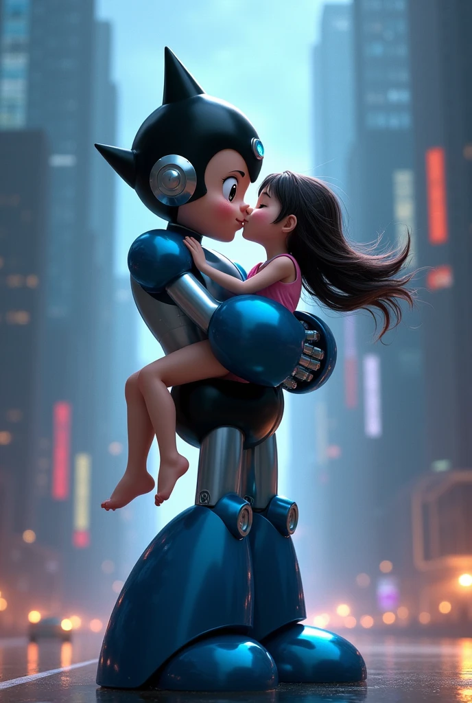 astro boy from the 2009 film carrying a girl in his arms while kissing