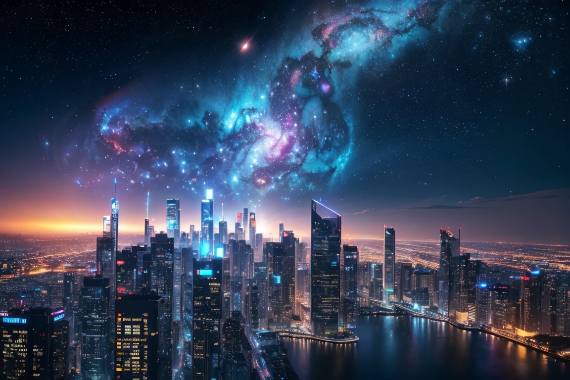 Cybernetic skyline with flying holograms, reflecting a futuristic anime realm. (high quality, best quality, 4k, 2k, (intricate:1.1), (high detail:1.3)), ((outdoors, cityscape, skyline)), (official wallpaper, volumetric lighting, dynamic lighting), (stars, galaxy, nebula), Mars,