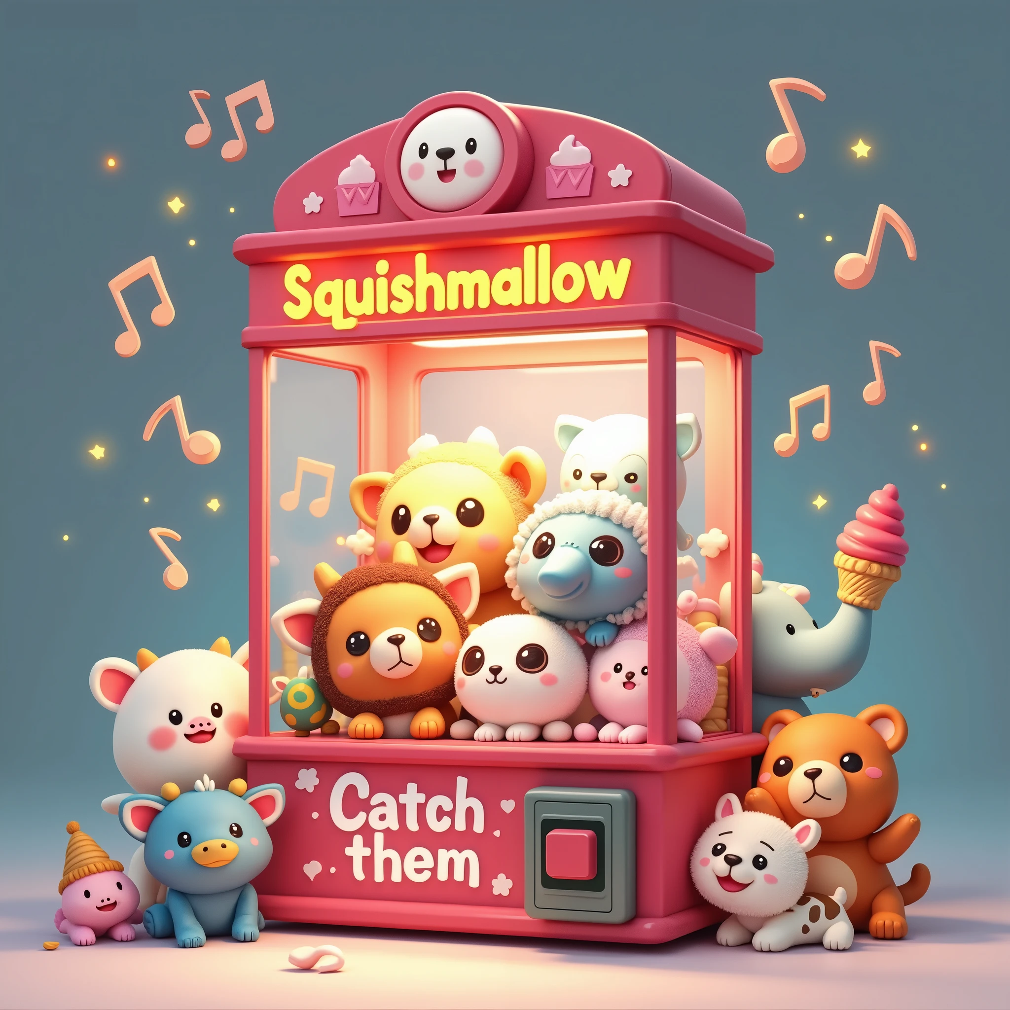 ((white background)), The image shows a cartoon style claw machine. The machine is predominantly red, with a transparent front, and at the top it says “Squishmallow” in yellow letters. Inside the claw machine, There are several cute plush toys that resemble animals, there is a turtle, A cow, a sheep, owlship, elefant, catboy, rapoza, like bears and ice cream. The toys have big eyes and smiling faces, which gives them a friendly appearance. Around the machine, There are floating musical notes and twinkling lights that add to its playful charm. The words “CATCH THEM” are visible on the bottom of the machine in white letters on a pink background.. This image is interesting because it depicts a fun scene that may appeal to children or people who appreciate cute aesthetics.. 🍓🧸✨((white background)), ((white background)),