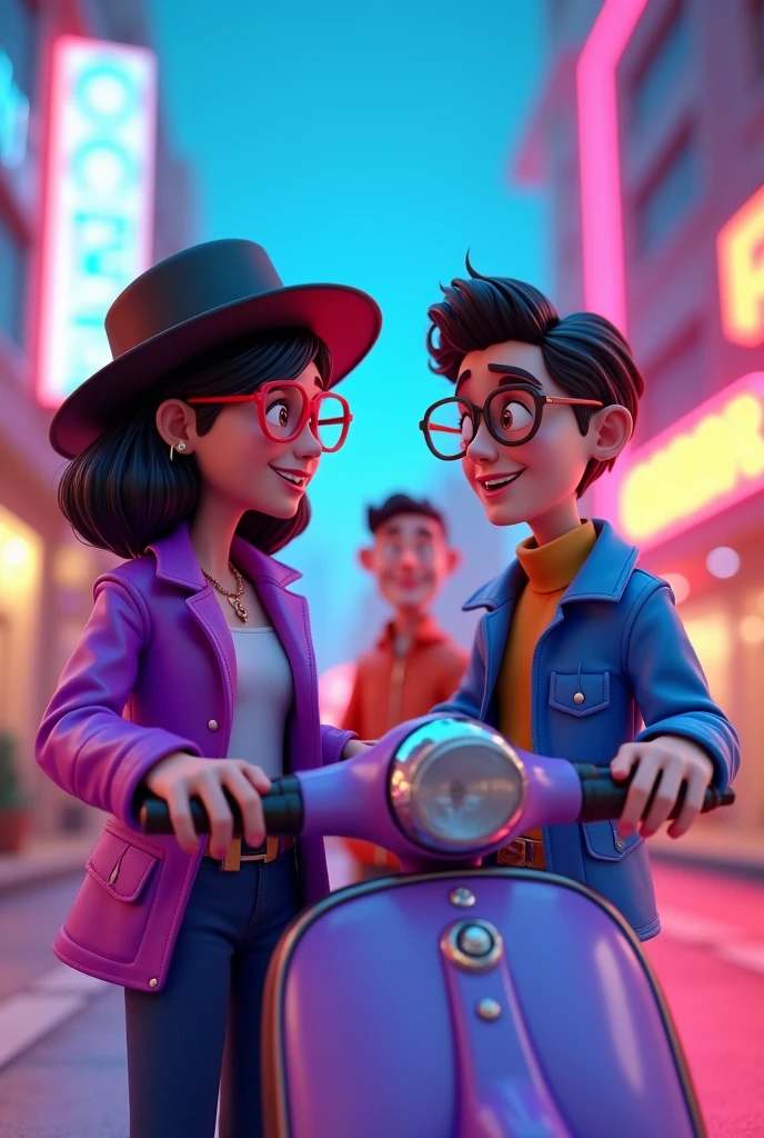 G women wearing a purpel, pop up name R wearing glasses a men a black wearing a hat, bl scooter 3D animation