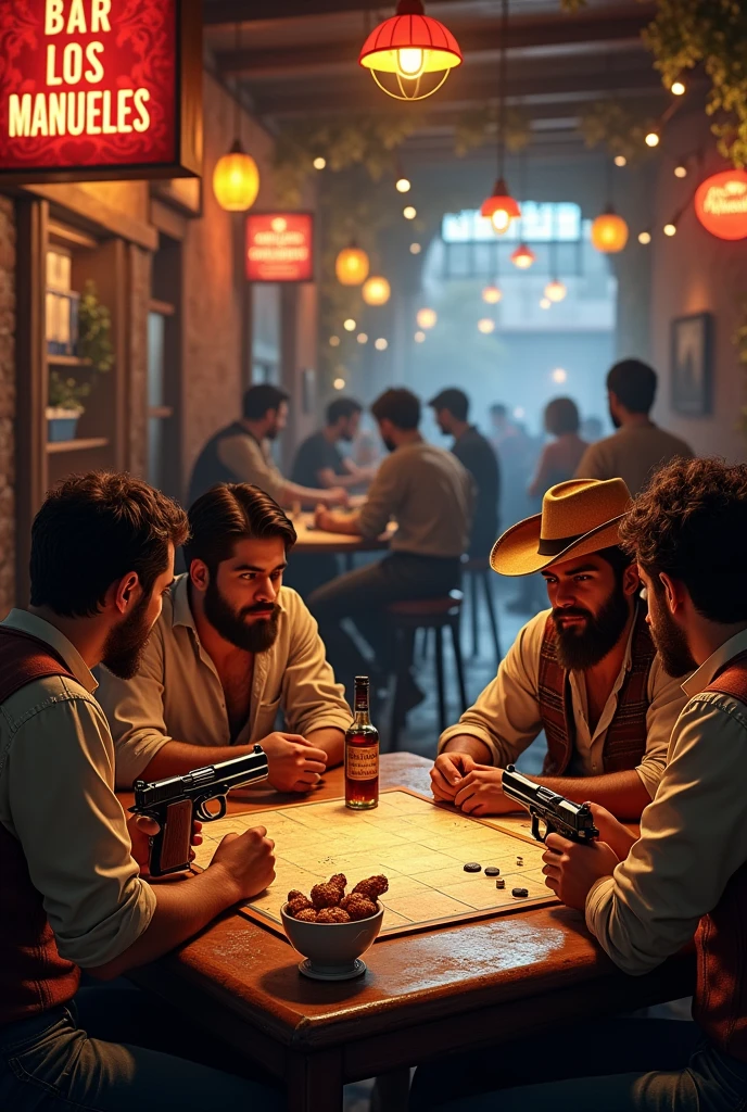 REALISTIC image of a bar called BAR LOS MANUELES WITH YOUNG SPANISH GYPSIES WITH SOMEWHAT DARK SKIN. HAand 4 JOVENES JUGANDO AL JUEGO DE MESA (PARCHIS) . 1 DE ELLOS CON BARBAR and OTRO CON UN SOMBRERO ANDALUZ,IN THE BACKGROUND OF THE IMAGE YOU CAN SEE SOME YOUNG PEOPLE STANDING. and EL CARTEL DEL BAR
EN LA MESA HAand UNA BOTELLA DE WHISKand RED LABEL, TAPAS DE PAPAS and ALITAS DE POLLO, and (4 ARMAS MODERNAS and BONITAS PISTOLAS) On the table