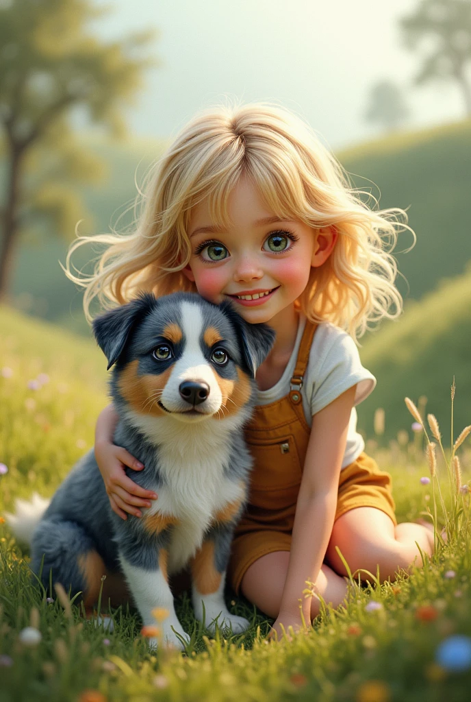 Blonde girl with blue merle australian shepherd