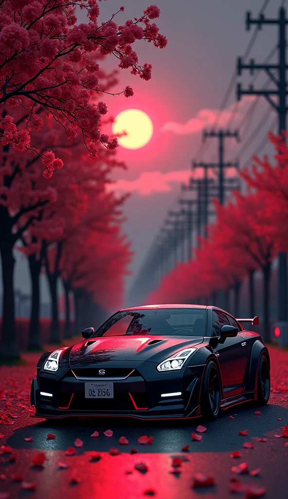 A masterfully crafted 8k art photography of a sleek, modified Nissan GTR NISMO in JDM color, showcasing black and neon glow red metallic tones. The car is meticulously placed amidst a serene Japanese night street, surrounded by vibrant red cherry blossom sakura petals that float through the air,Setting the time at night,There is a red full moon in the dark, cloudy sky. The composition is a seamless blend of photorealistic concept art and cinematic lighting, reminiscent of the masterful techniques employed by Raphael, Caravaggio, and Greg Rutkowski. The render showcases natural volumetric lighting, with soft, perfect shadows that evoke a chiaroscuro effect. The image pays homage to the works of artists such as Beeple, Beksinski, and H.R. Giger and is sure to captivate and inspire viewers with its breathtaking beauty and attention to, 3d render, cinematic, photo