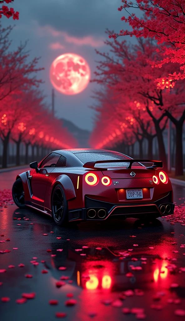 A masterfully crafted 8k art photography of a sleek, modified Nissan GTR NISMO in JDM color, showcasing black and neon glow red metallic tones. The car is meticulously placed amidst a serene Japanese night street, surrounded by vibrant red cherry blossom sakura petals that float through the air,Setting the time at night,There is a red full moon in the dark, cloudy sky. The composition is a seamless blend of photorealistic concept art and cinematic lighting, reminiscent of the masterful techniques employed by Raphael, Caravaggio, and Greg Rutkowski. The render showcases natural volumetric lighting, with soft, perfect shadows that evoke a chiaroscuro effect. The image pays homage to the works of artists such as Beeple, Beksinski, and H.R. Giger and is sure to captivate and inspire viewers with its breathtaking beauty and attention to, 3d render, cinematic, photo