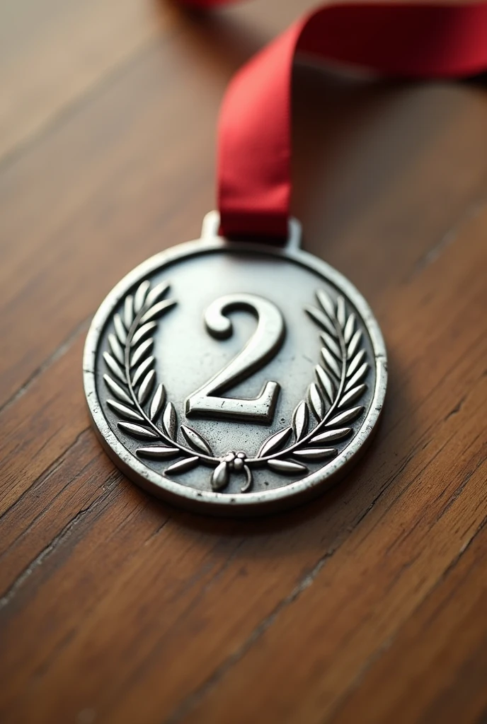 Second place medal on a wooden table